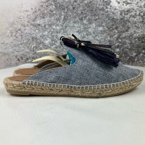 537 Castañer Rumi raffia mules Blue and Tan Espadrille Mules with Tassels 6